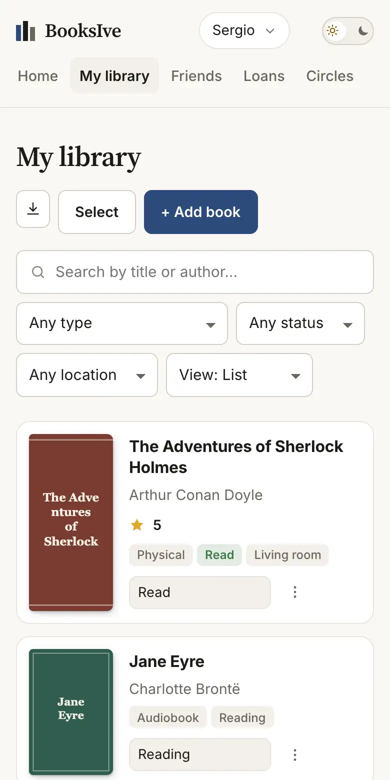 A personal library in BooksIve, with covers, ratings and reading statuses