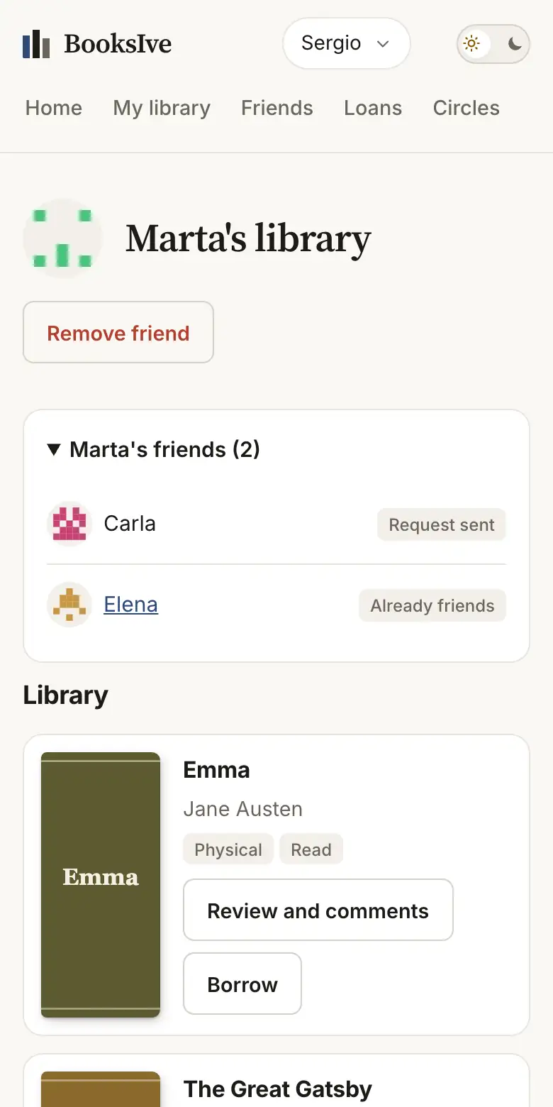 A friend's library in BooksIve, with their mutual friends
