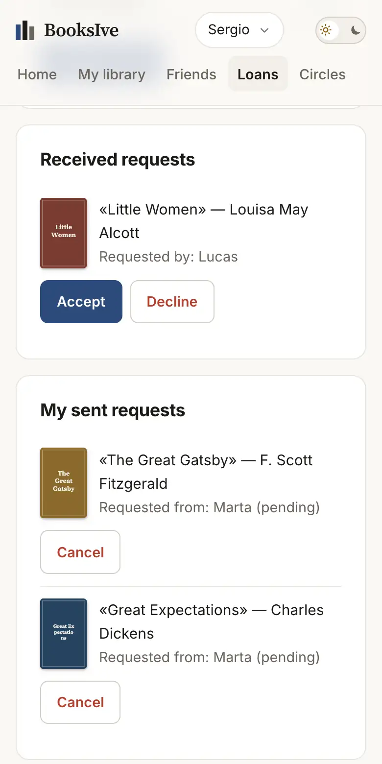 BooksIve loans screen with a pending request